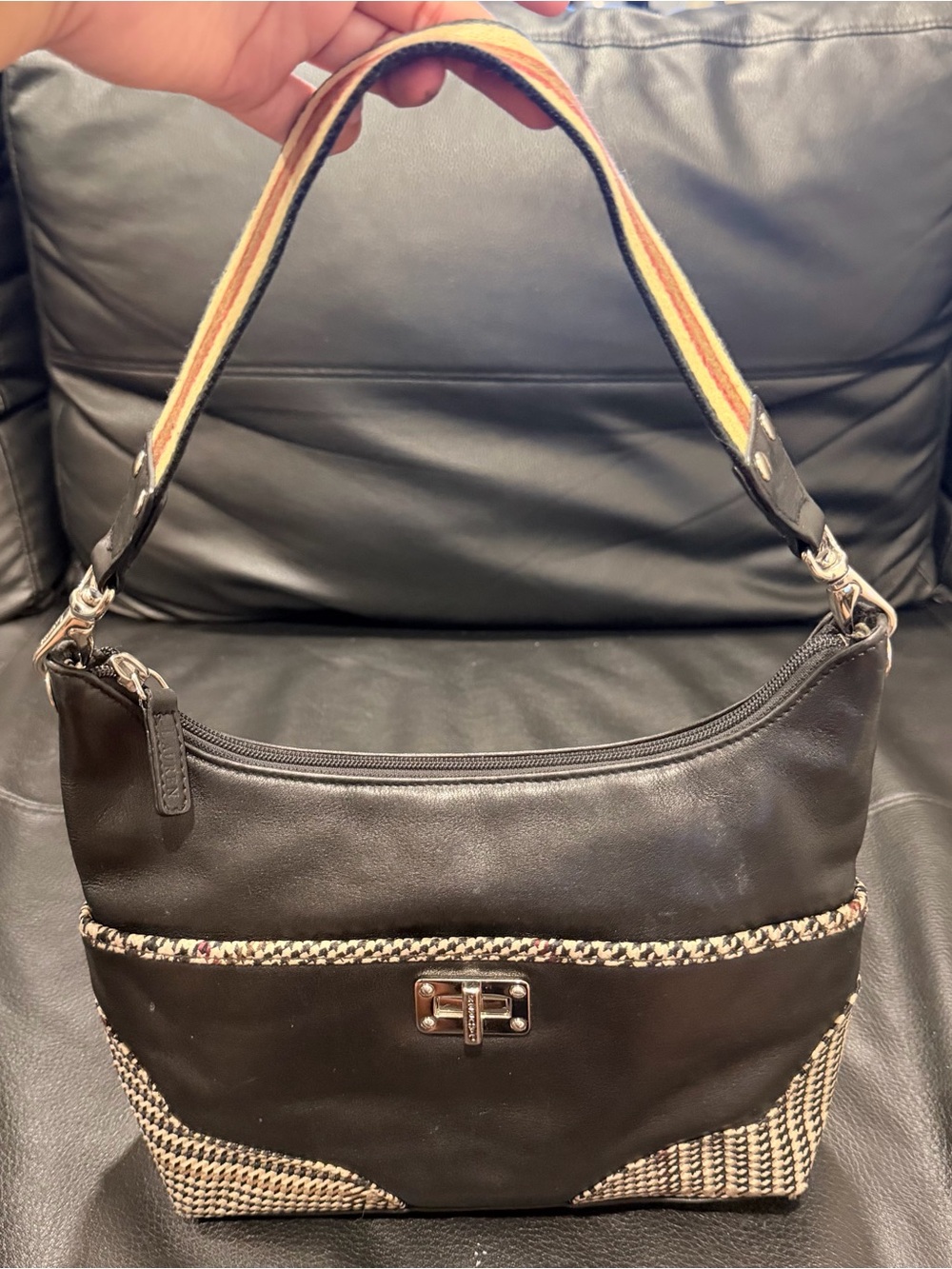Lauren Ralph Lauren Vintage Shoulder Bag – Black Soft Leather & Woven Trim